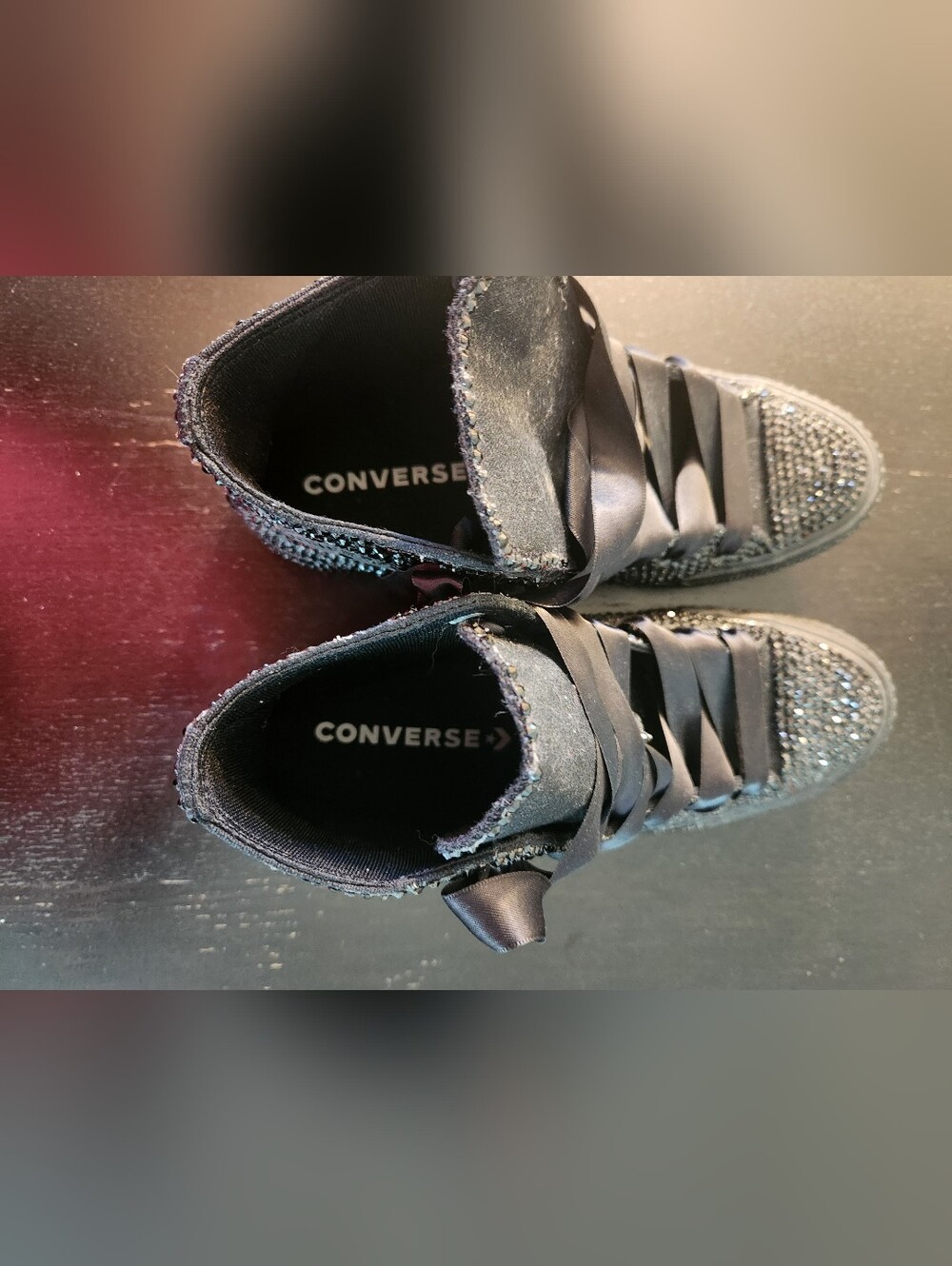 Converse Women’s Black Crystal-Embellished Satin Ribbon Sneakers. W-8 M-6. - Picture 16 of 16